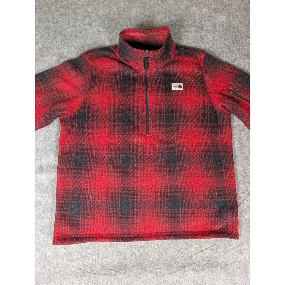 The North Face Mens Red Black Buffalo Plaid 1/4 Zip Sherpa Lined Fleece Pullover